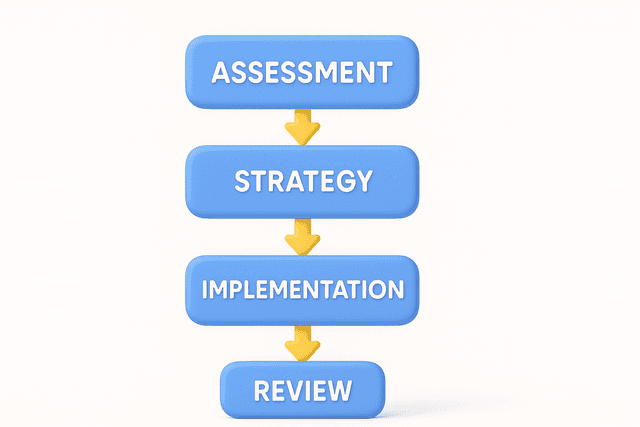 A clean, white-background landscape illustration of a flowchart with four vertically stacked stages. Each stage is a labeled box—'Assessment,' 'Strategy,' 'Implementation,' and 'Review'—connected in sequence by downward arrows. The boxes are evenly sized so the labels fit neatly inside, representing a clear data science strategy and machine learning implementation roadmap.