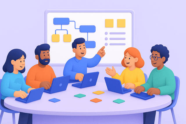 Five team members collaborating around a large table with laptops, sticky notes, and a whiteboard displaying project plans on a light background.