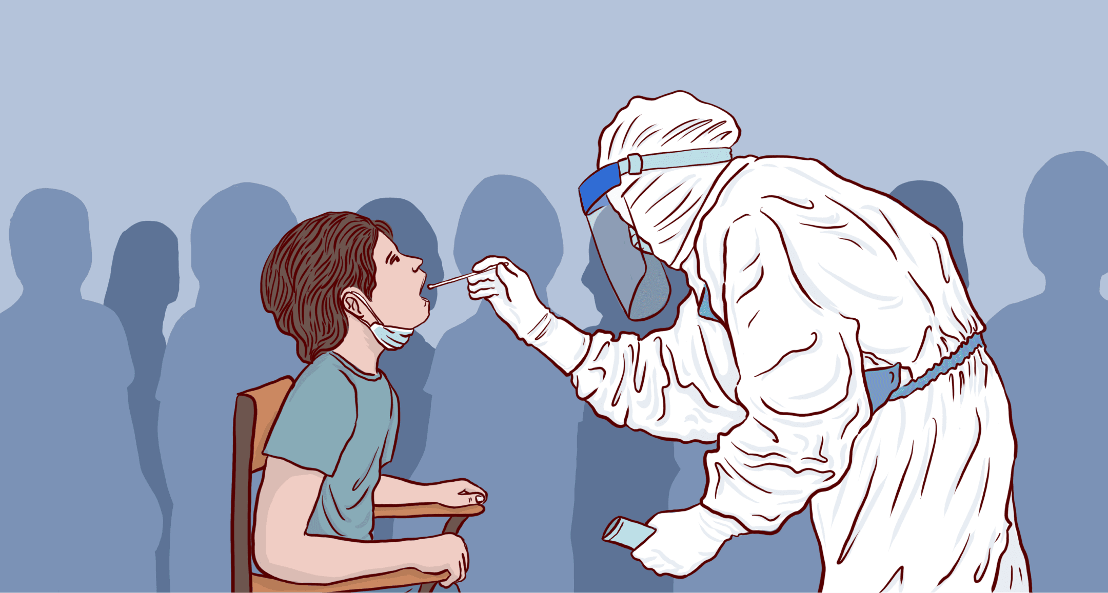 A minimalist cartoon illustration of a doctor in personal protective equipment administering a swab test on an individual.