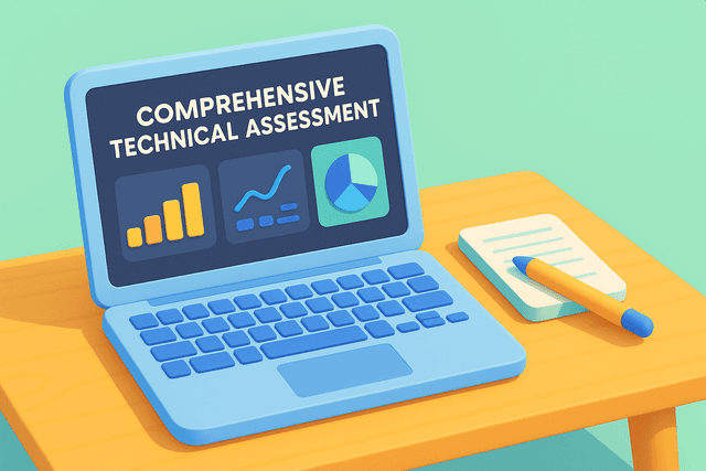 Open laptop displaying a detailed technical assessment report with graphs and charts, representing due diligence consulting for major technology decisions, set on a wooden desk with a notepad and pen.