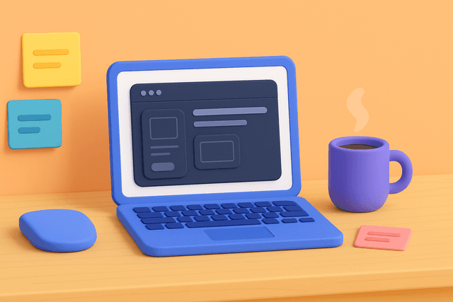 Workspace with a laptop displaying a wireframe app interface, surrounded by sticky notes and a coffee cup, representing hands-on development support for MVP and early-stage products, on a wooden table.