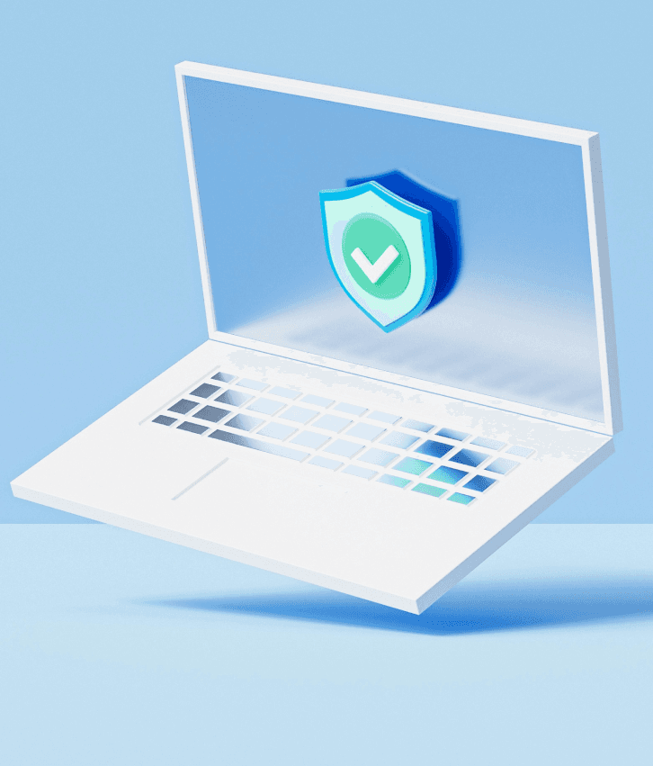 Web security implementation illustration with laptop, shield icon, and checkmark, representing secure web application development and data protection services.