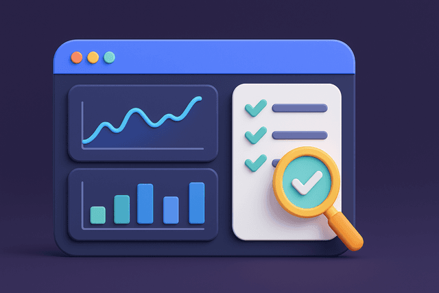Dashboard displaying a combination of automated monitoring graphs and a checklist with a magnifying glass icon, on a dark background.