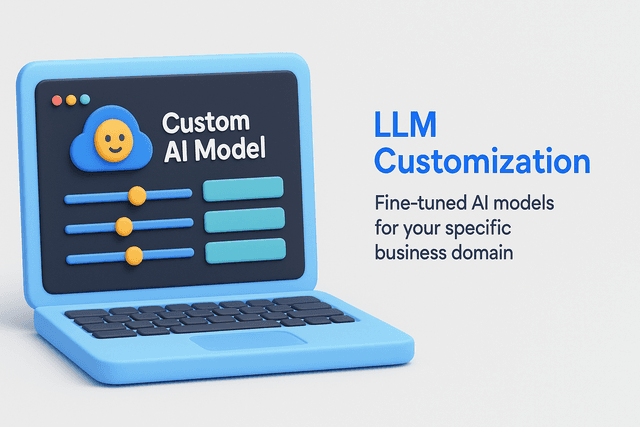 Open laptop displaying a custom AI model interface with adjustable sliders and input fields, representing fine-tuned LLMs tailored to a specific business domain, on a light gray background.