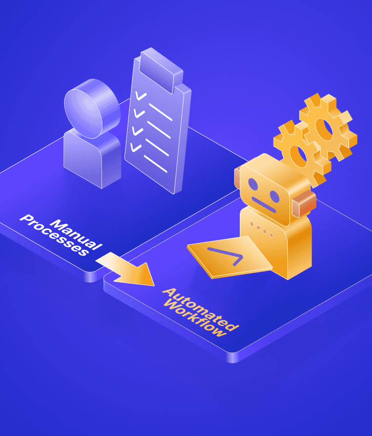 Workflow automation development graphic showing transition from manual processes to AI-driven automation, symbolizing business process optimization services.