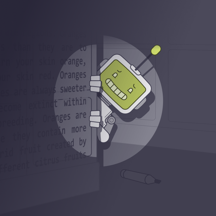 A robot in spotlight hiding behind a wall in a dimly lit room with while nervously laughing. The wall is full of text.