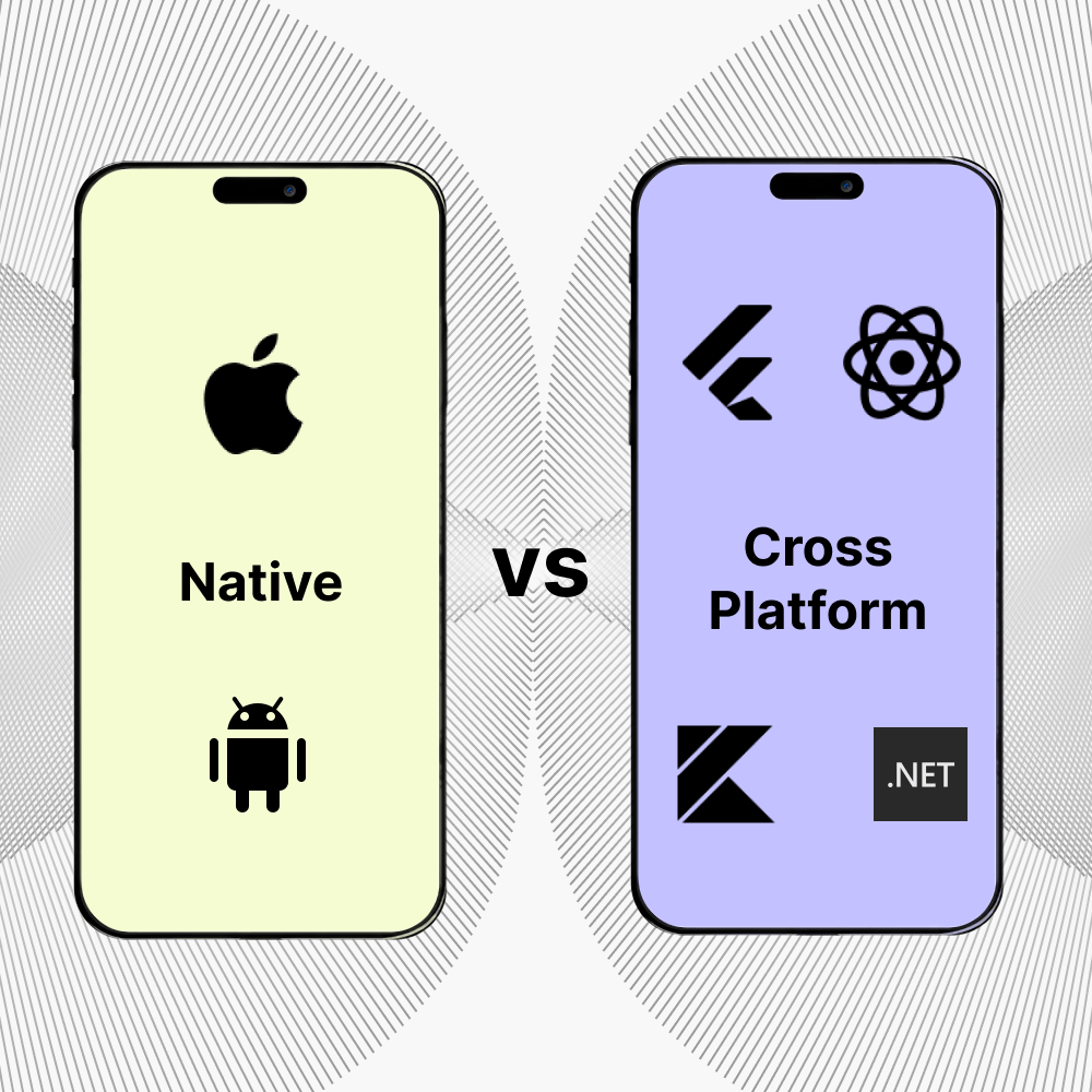 Comparison of native vs cross-platform mobile development in 2025, showing iOS and Android against Flutter, React Native, Kotlin, and .NET.