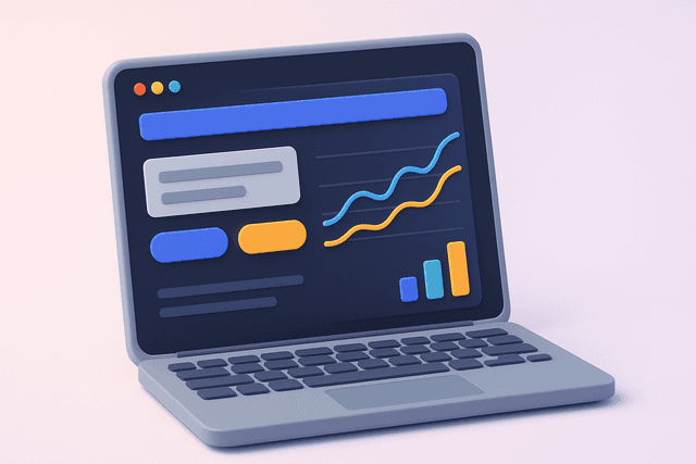 Laptop displaying a redesigned enterprise application interface with a user-friendly layout, featuring interactive elements such as buttons and graphs, representing a UX transformation of legacy systems, on a light background.