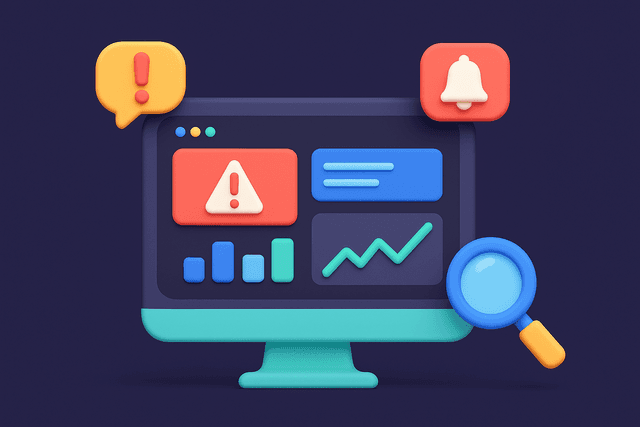 Computer screen displaying a dashboard with real-time alerts and graphs, surrounded by icons of notifications and a magnifying glass on a dark background.